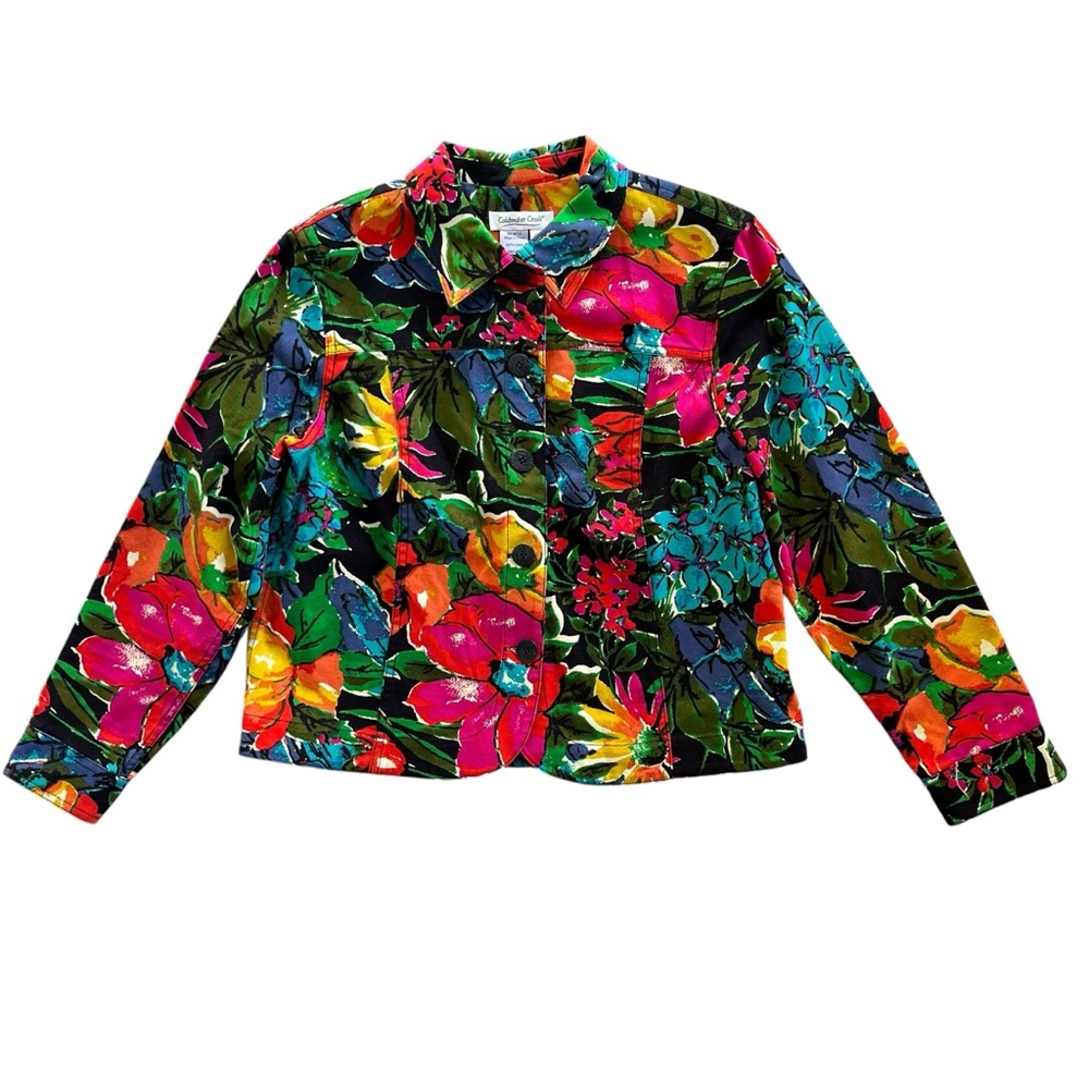 Coldwater Creek Women’s PM Pink Orange Floral Button Front Collared Denim Jacket